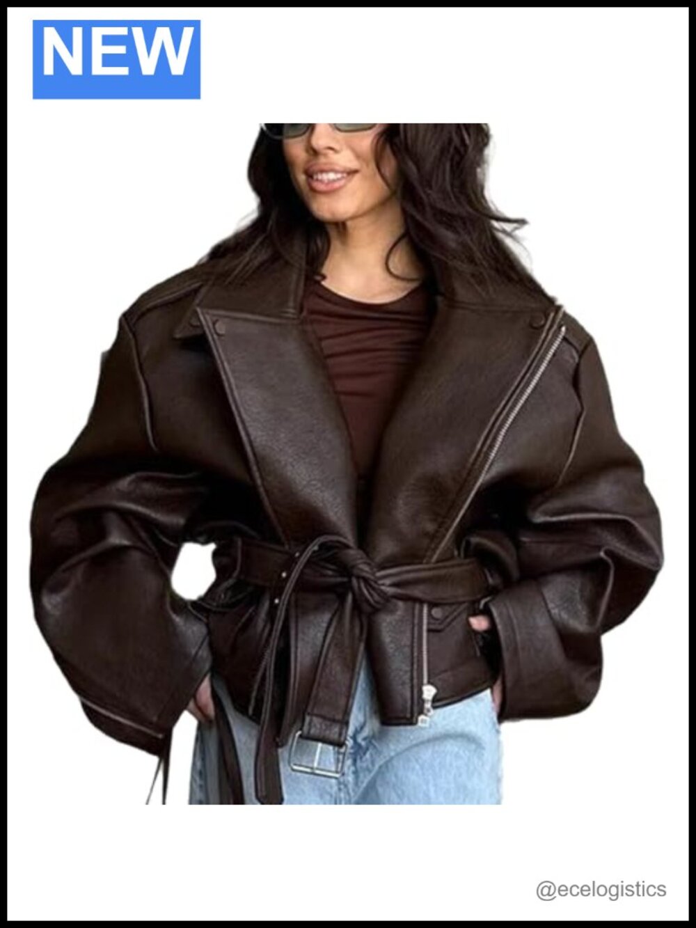 Leather Motorcycle Cropped Jacket Oversized Zip Up with Belt Y2K Streetwear